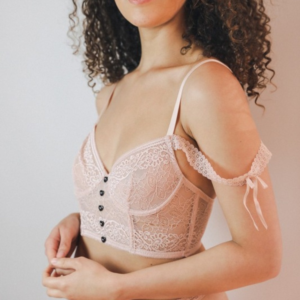 Heart Button Shoulder Lace Bralette Rose/Black